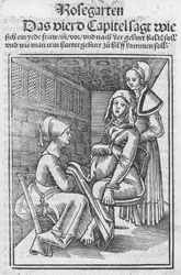 Illustration (Holzschnitt) aus "Der schwangeren Frauen und Hebammen Rosegarten"